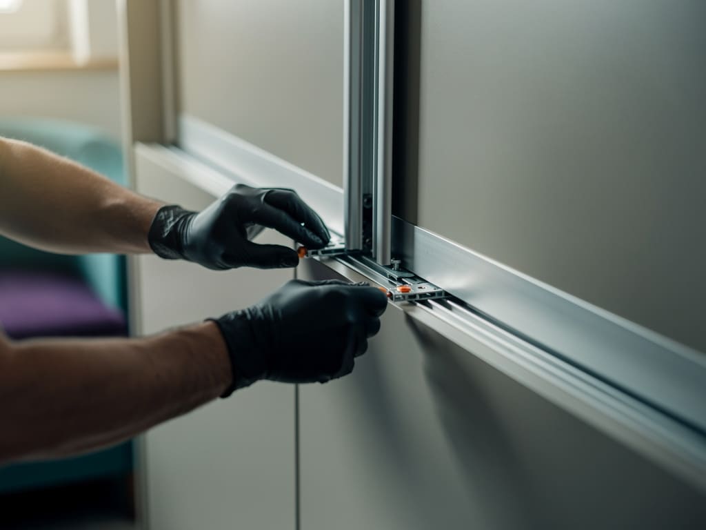 Installatore che allinea le ante di un armadio scorrevole con strumenti di precisione